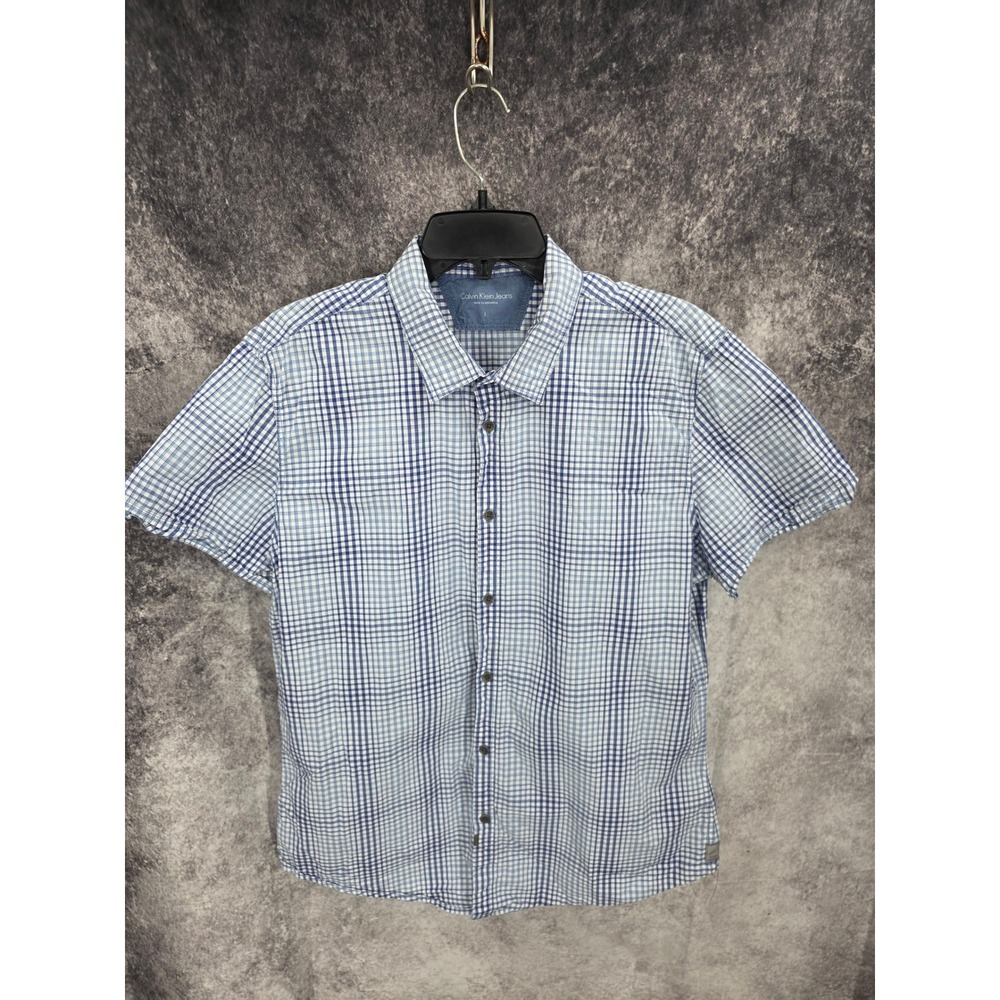 Calvin Klein Shirt Mens Large Blue Check Button Up Short Sleeve Timeless Preppy